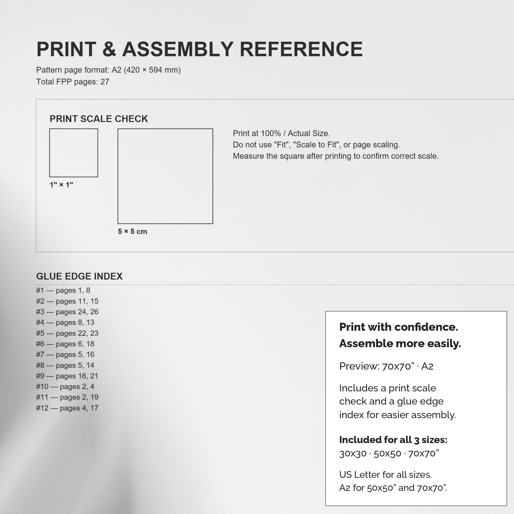 Elvis FPP pattern print scale checks, Glue Edge Index and numbered pages