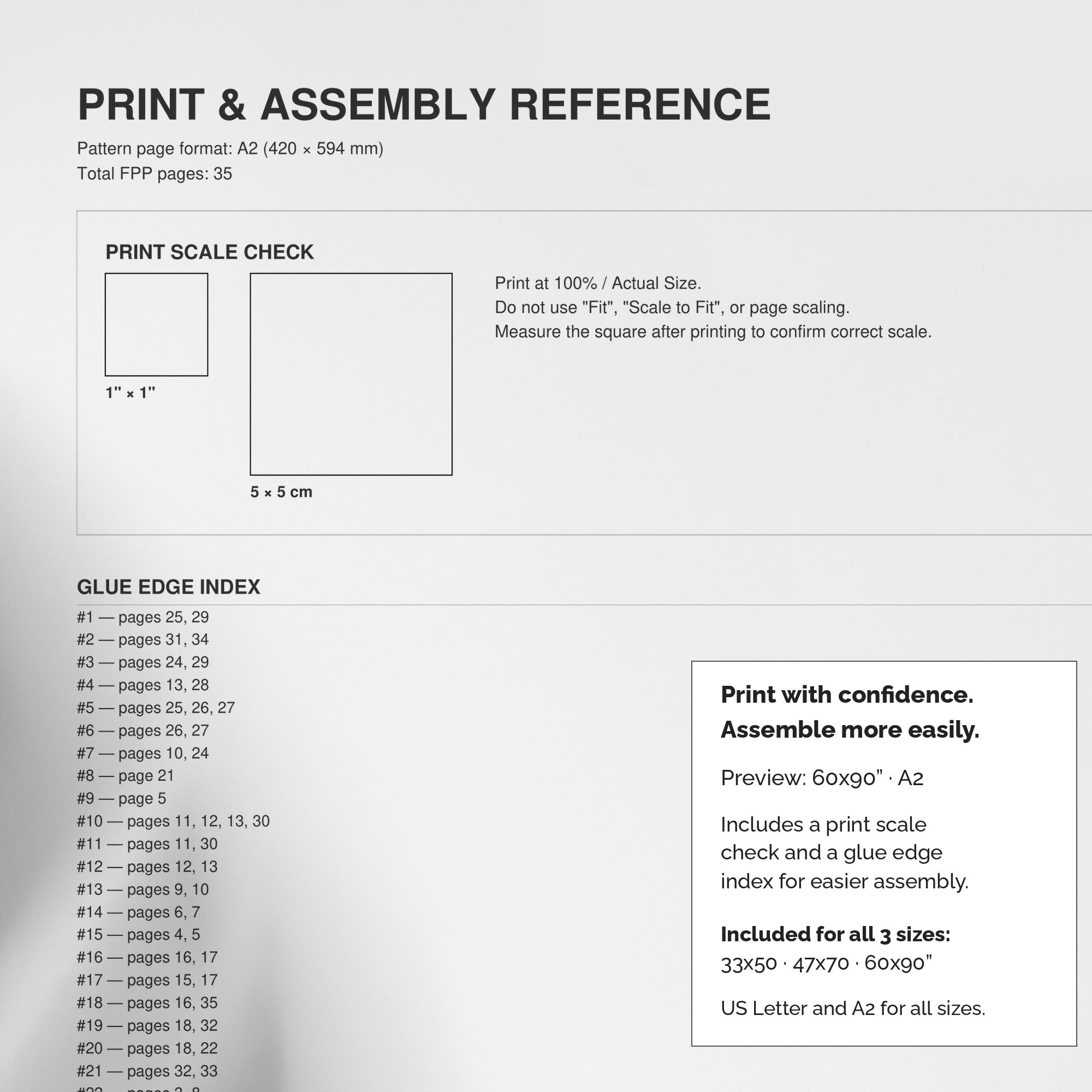 Highland Cow pattern print scale checks, Glue Edge Index and numbered pages for three larger sizes