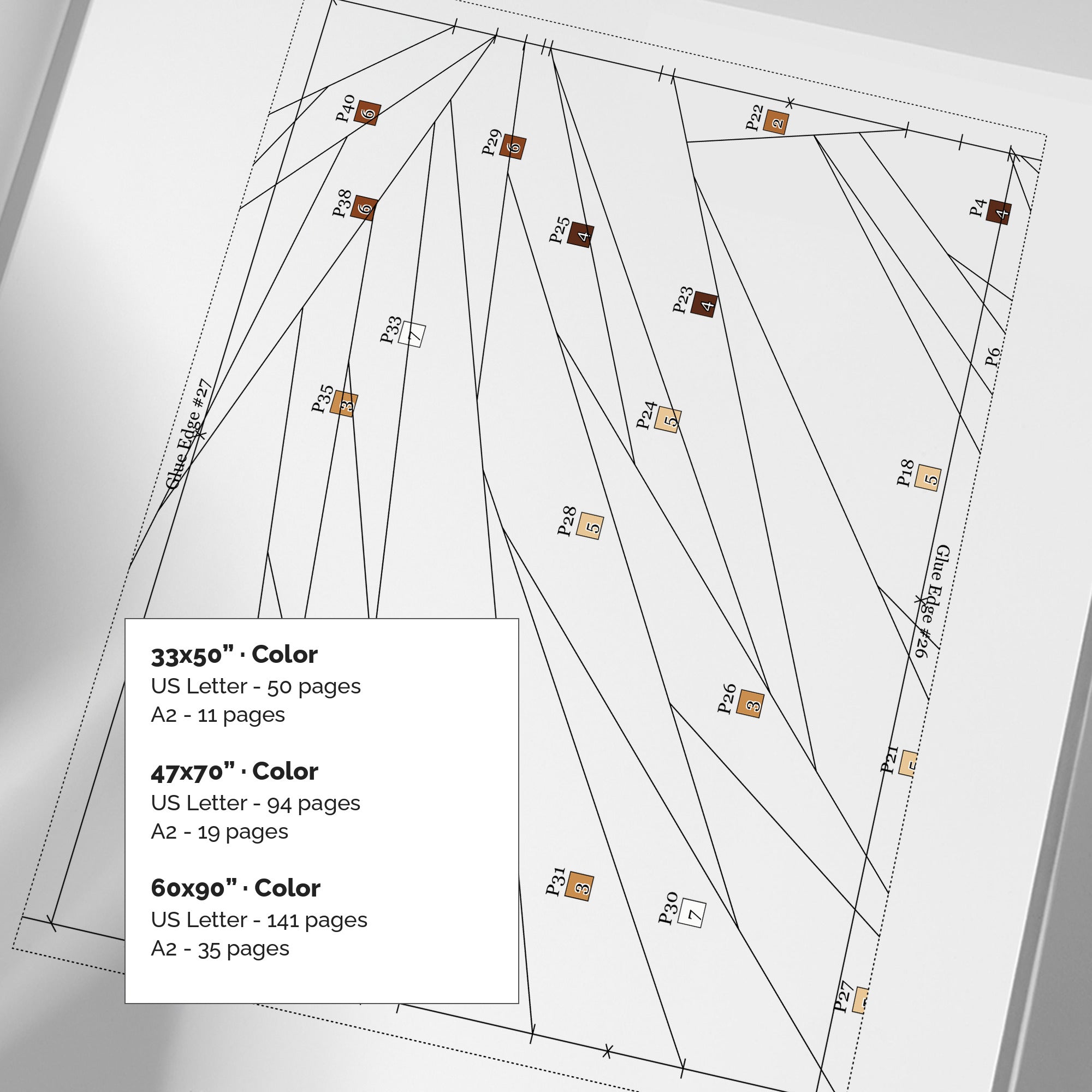 Highland Cow quilt pattern printing formats and page counts for three larger sizes