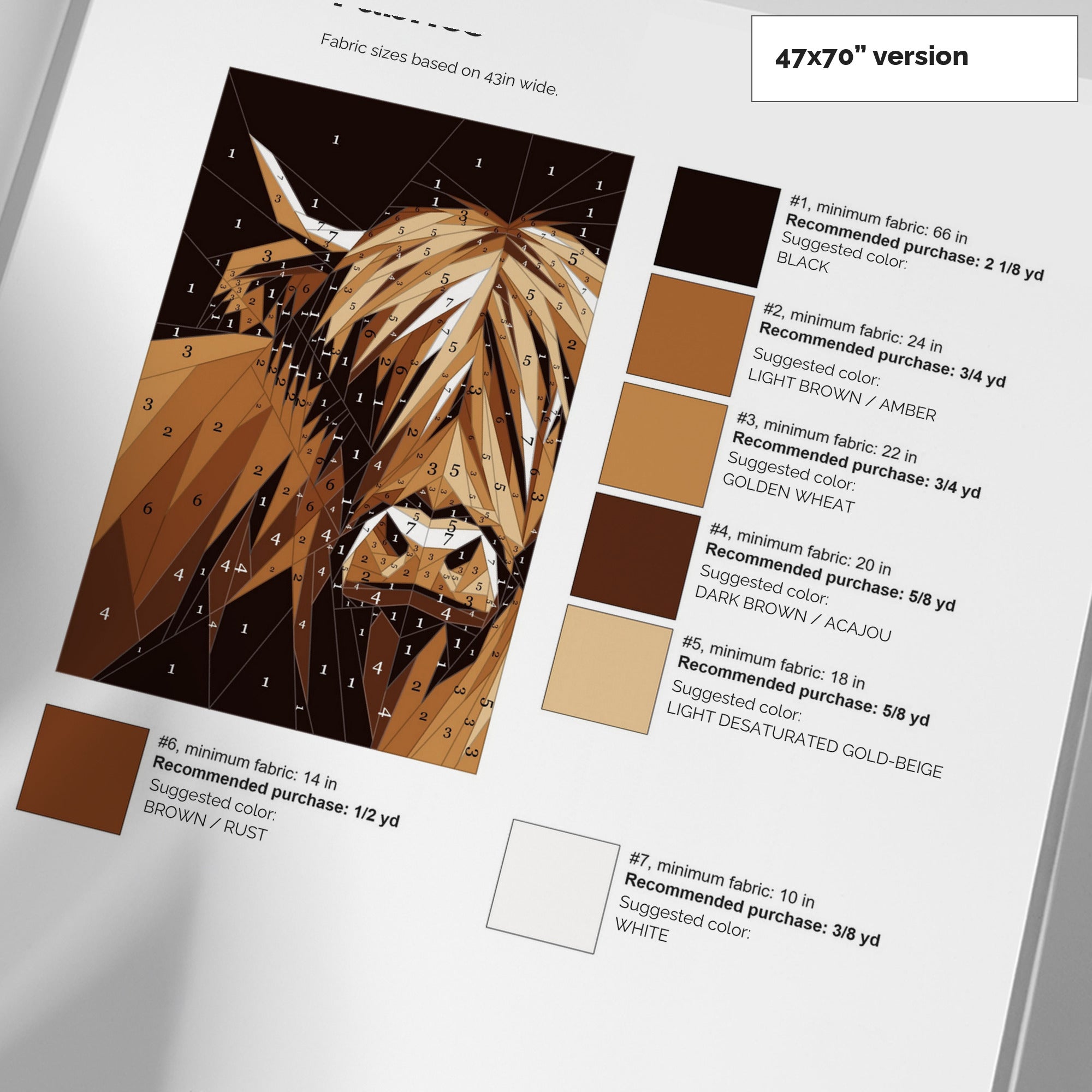 Fabric requirements and suggested colors for the 47 by 70 inch Highland Cow quilt