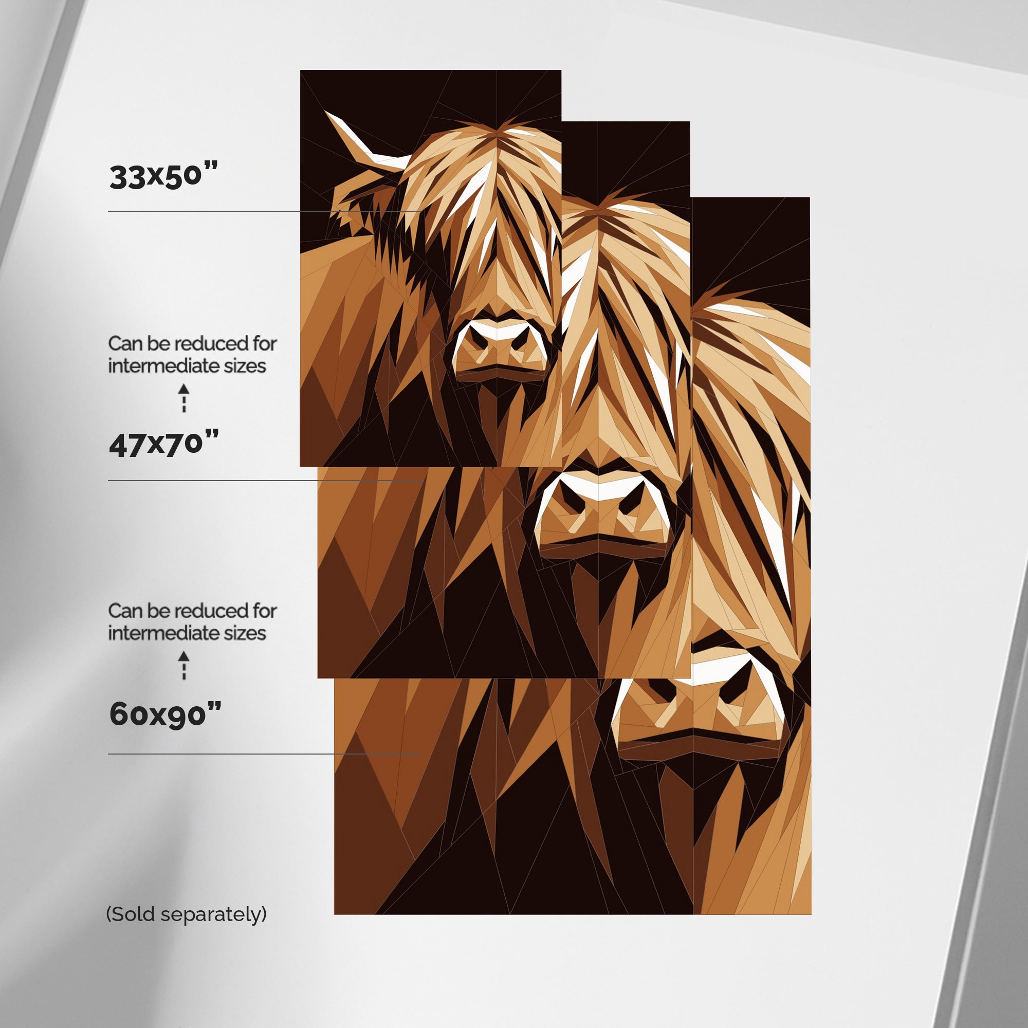 Highland Cow quilt pattern size comparison: 33 by 50, 47 by 70 and 60 by 90 inches